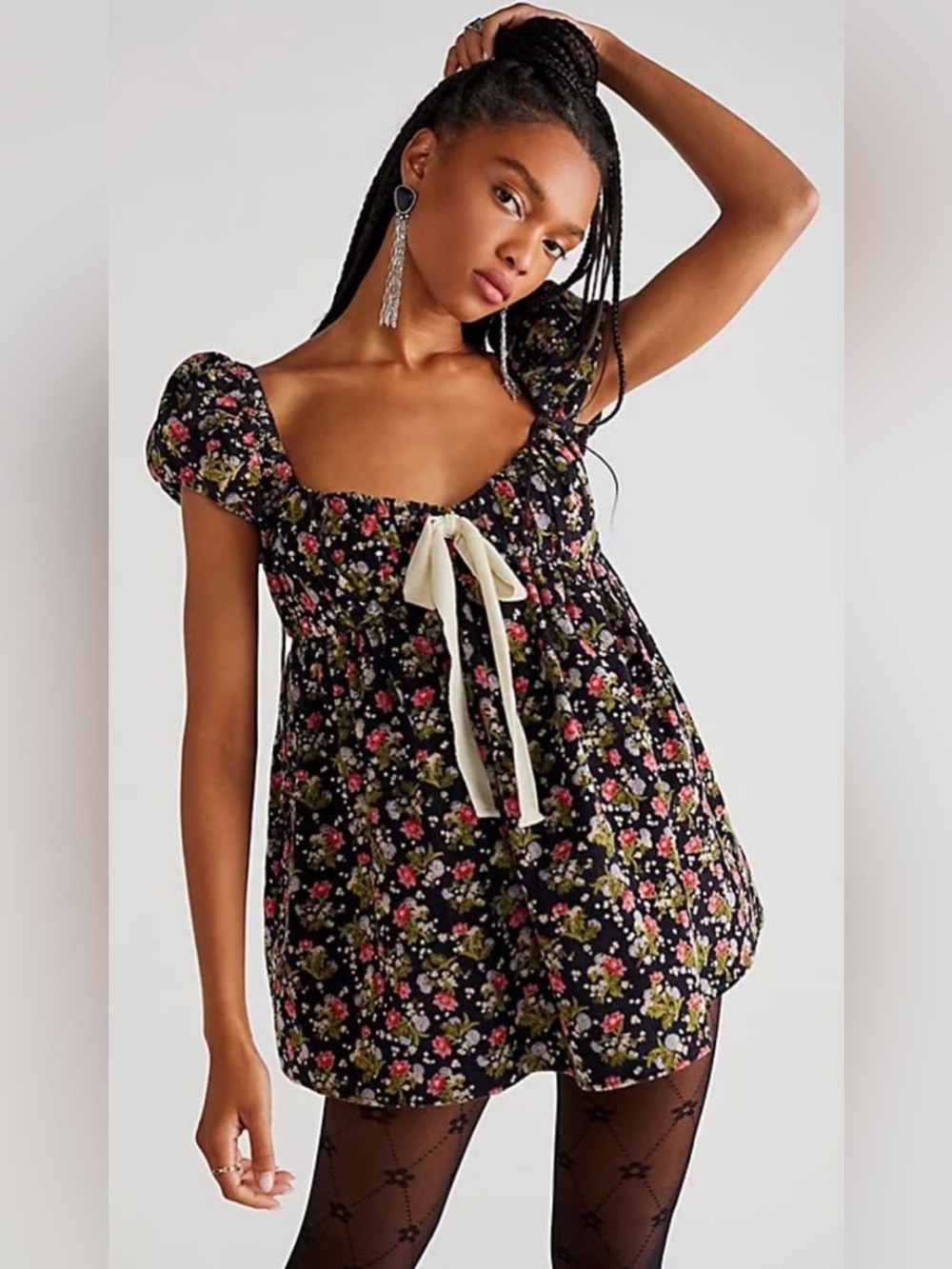 Free People Black Floral Puff Sleeve Mini Dress with Cream Bow